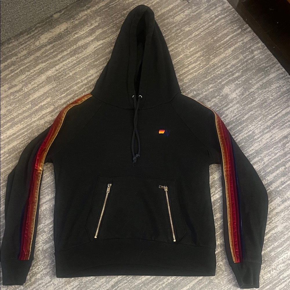 Aviator Nation Stylish Black Hoodie with Velvet Sleeve Stripes - Picture 3 of 4